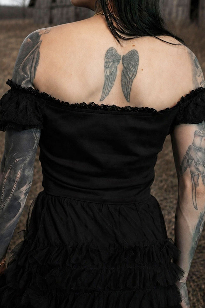 casual romantic Victorian goth black lace off-the-shoulder top with v-shaped hemline