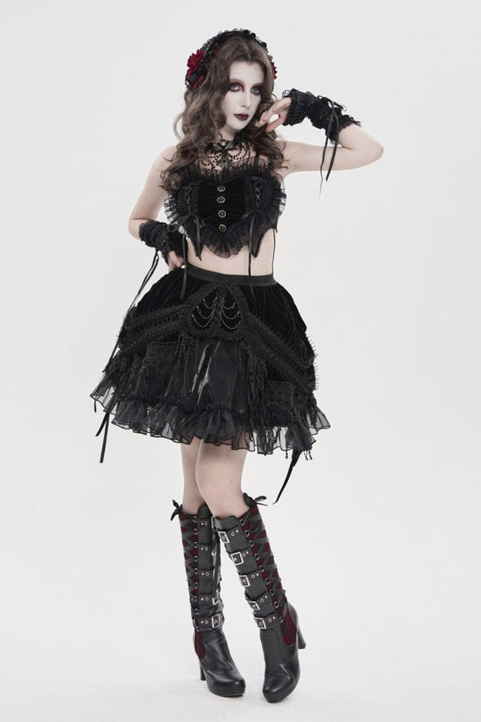high waisted black velvet skirt with chained heart