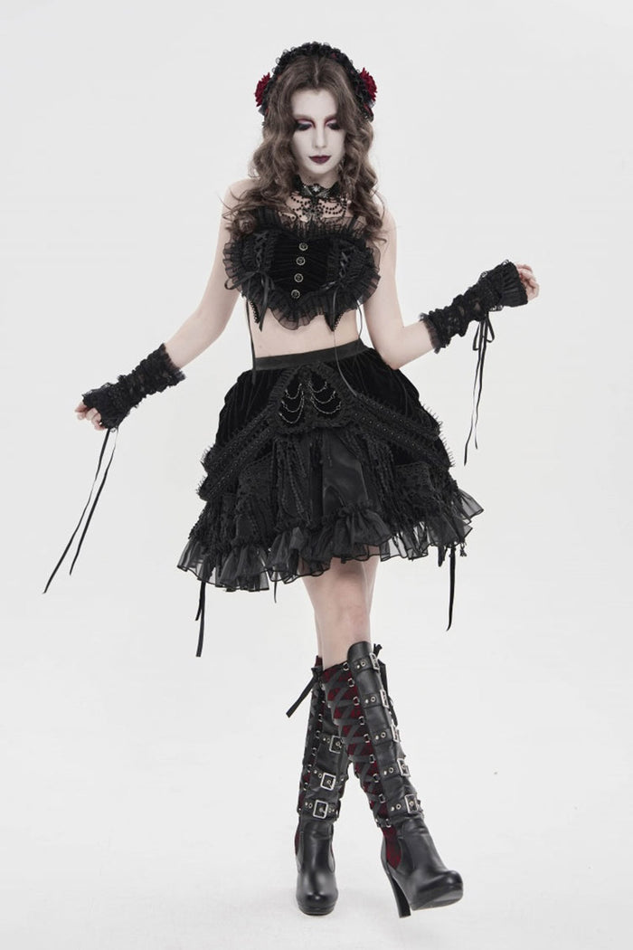 embroidered high waisted black velvet skirt