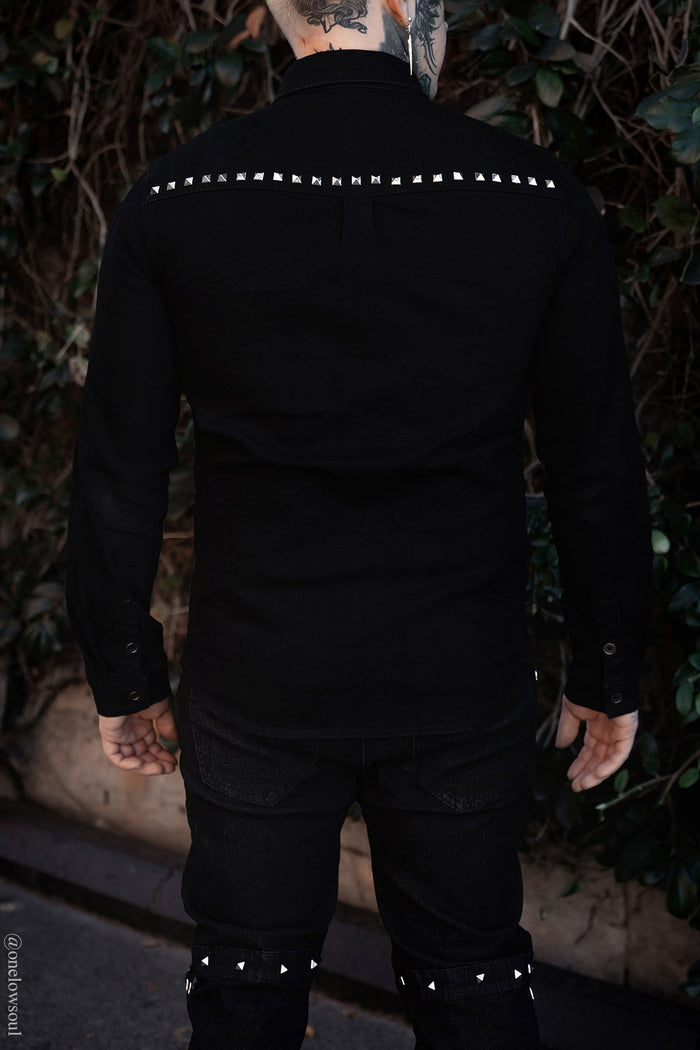 mens pyramid studded long sleeve punk button-down shirt