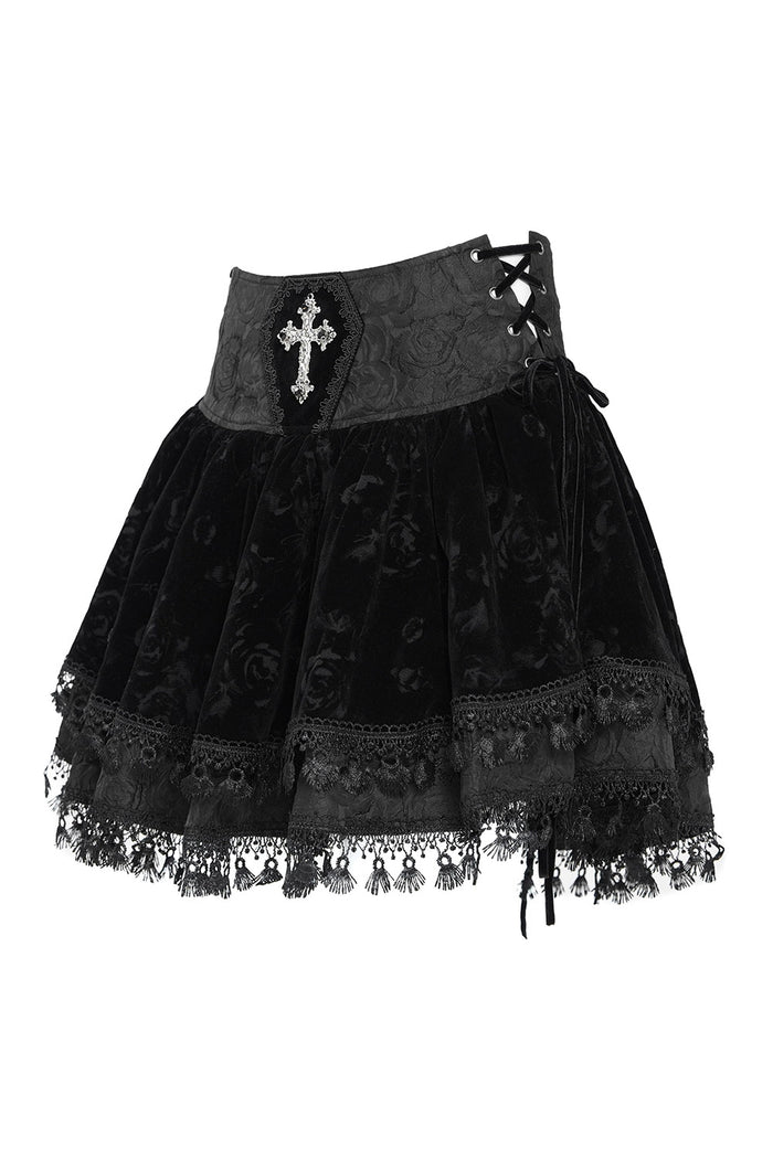 lace-up velvet mini skirt