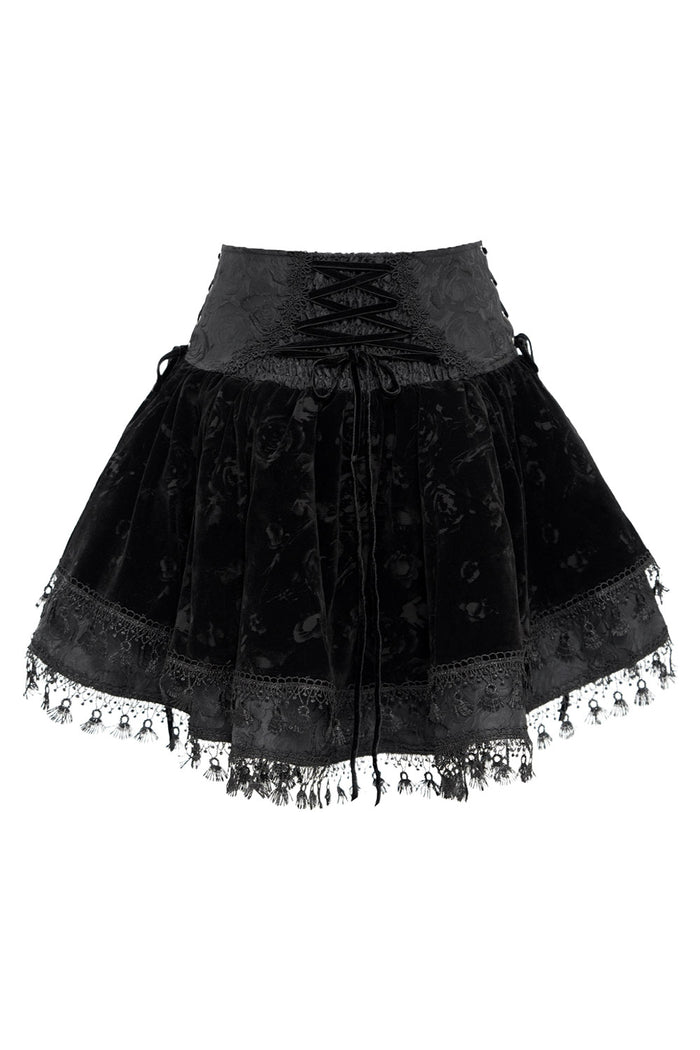 velvet and lace lace-up velvet mini skirt