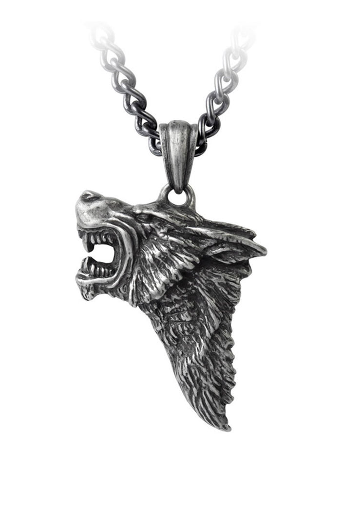 Silver wolf head pendant on a chain against a white background