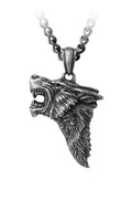 Silver wolf head pendant on a chain against a white background