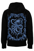 Black hoodie with blue octopus design on the back against a white background
