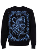 Black sweatshirt with blue octopus design on a white background