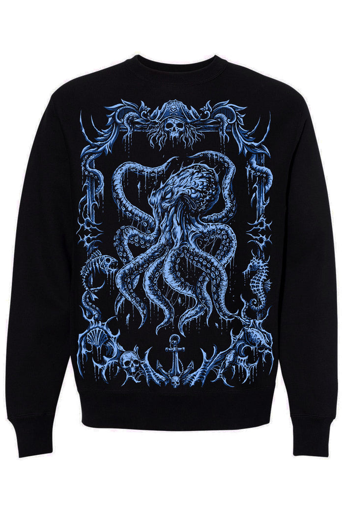Black sweatshirt with blue octopus design on a white background