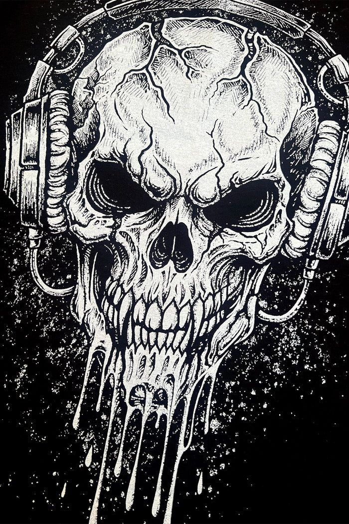 melting skull wearing headphones graphic sweatshirt