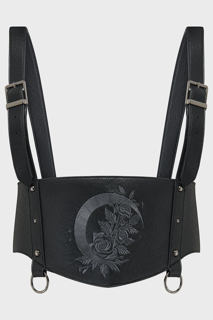 adjustable embroidered crescent moon vegan leather suspenders harness