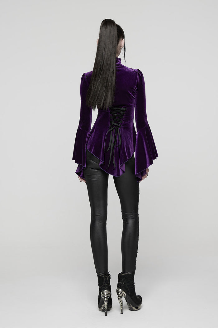 dark purple velvet flared sleeve high ruffle collar top
