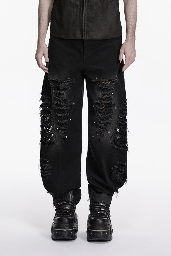 fishnet denim mens distressed black baggy pants