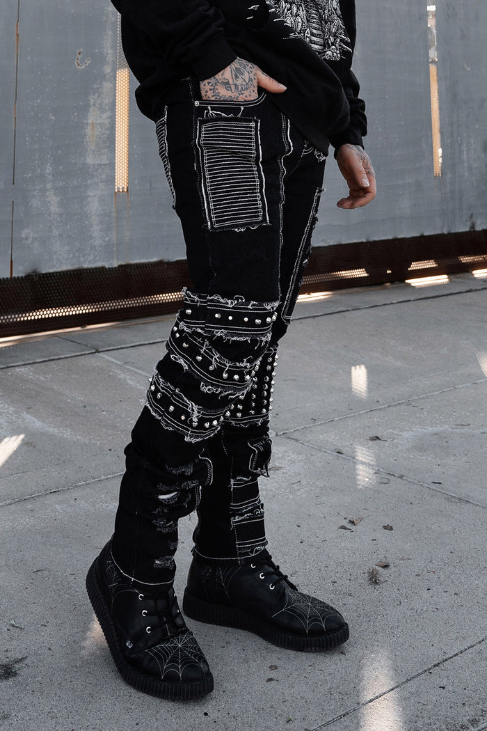 mens shredded punk studded straight-leg  dark denim jeans