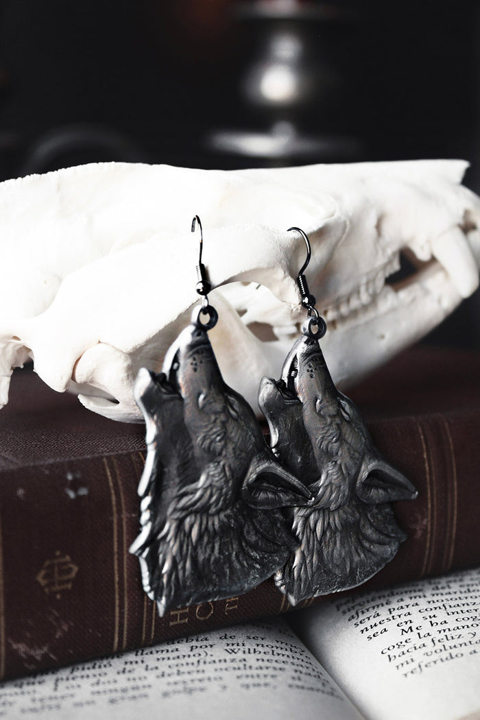 Wolf-shaped earrings on a skull with an open book