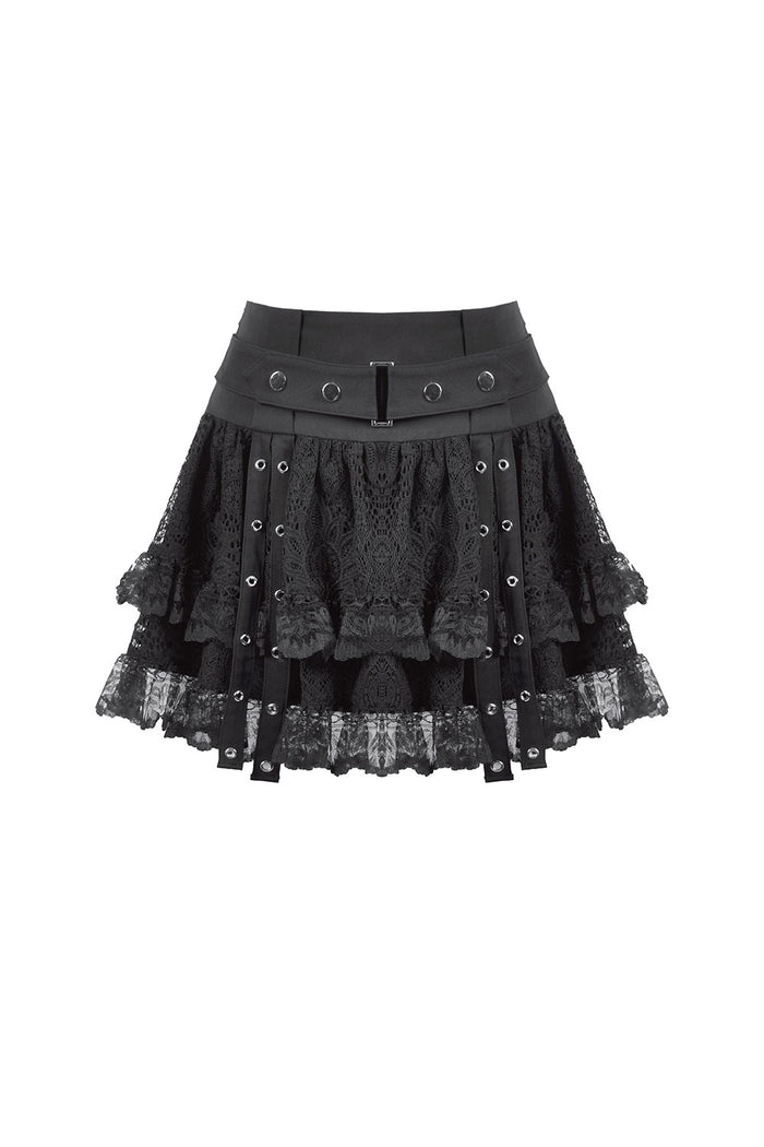 Wide waist belted punk skirt with layered lace