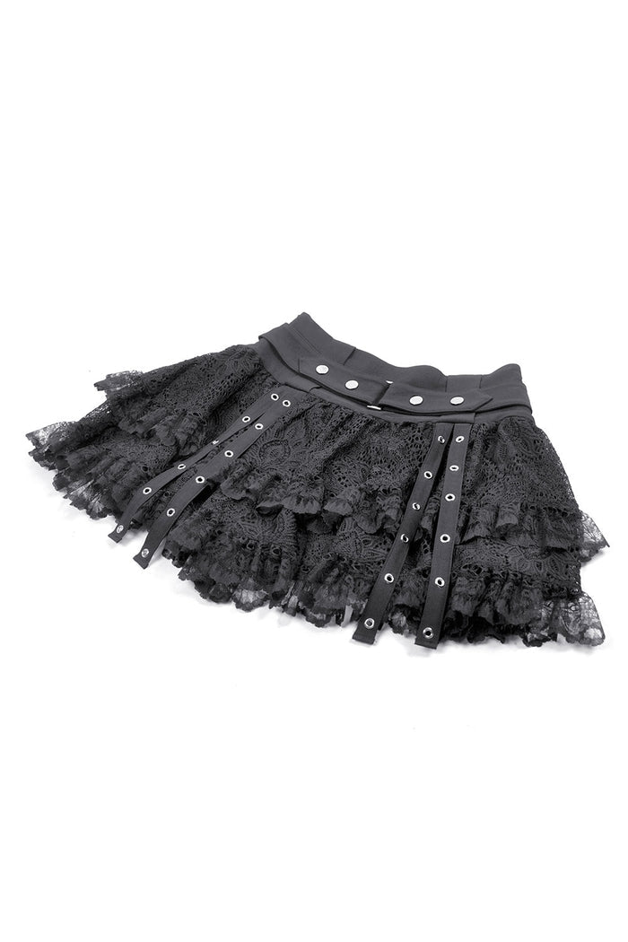 Black mini skirt with lace layers and eyelets