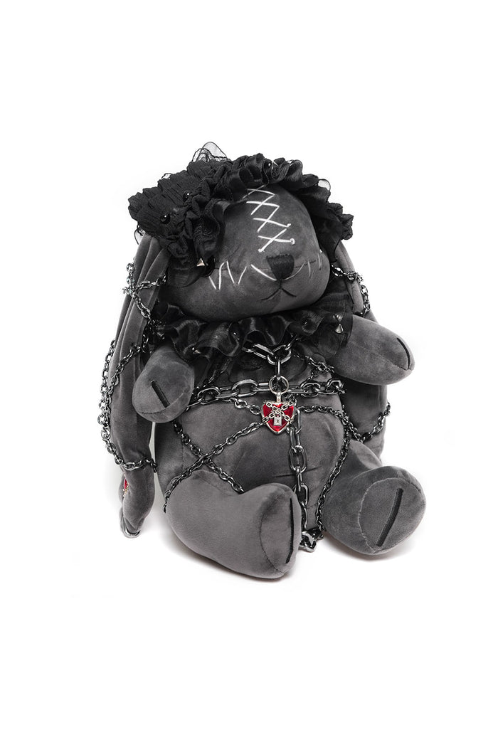 chained punk rabbit plush toy wearing a lolita ruffle headband  by devil fashion