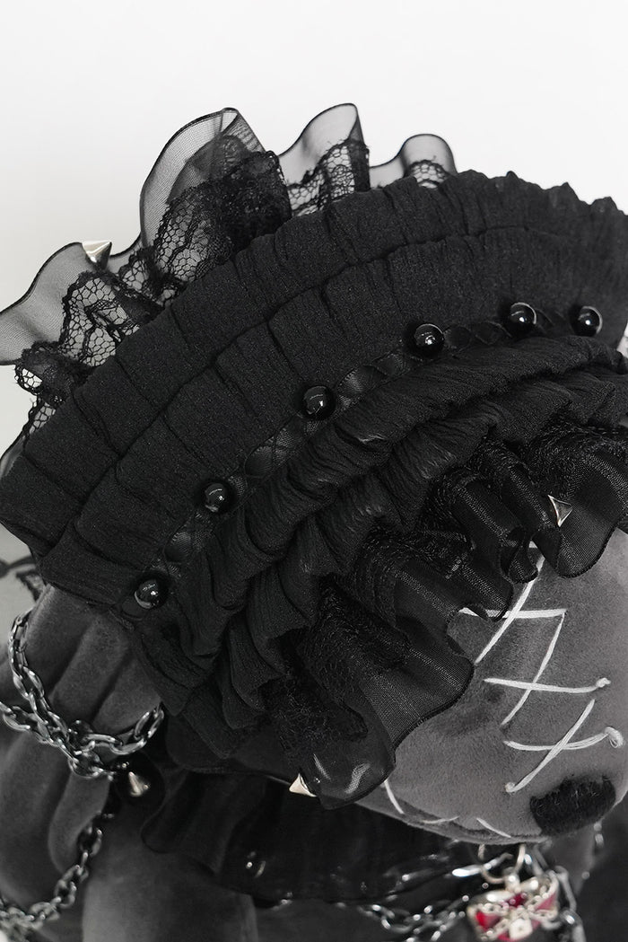 spooky cute chained punk rabbit plush toy wearing a lolita ruffle headband