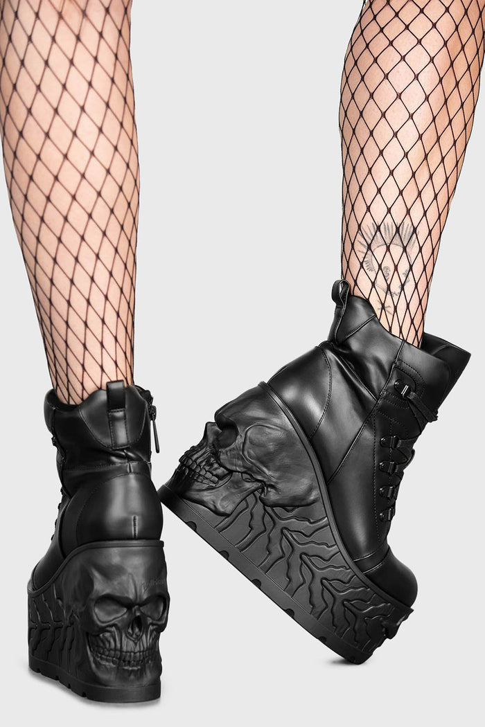 lace-up vegan leather womens black punk horror platform shoes with skull heels by killstar