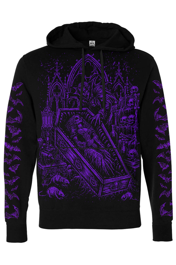 Black pullover hoodie with purple graphic of dracula and draculas bride in coffin with purple bats on sleeves
