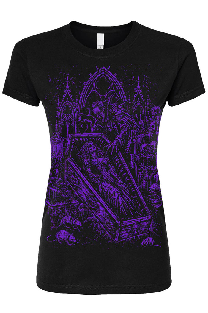 Short sleeve womens shirt with dracula and bride vampire in coffin