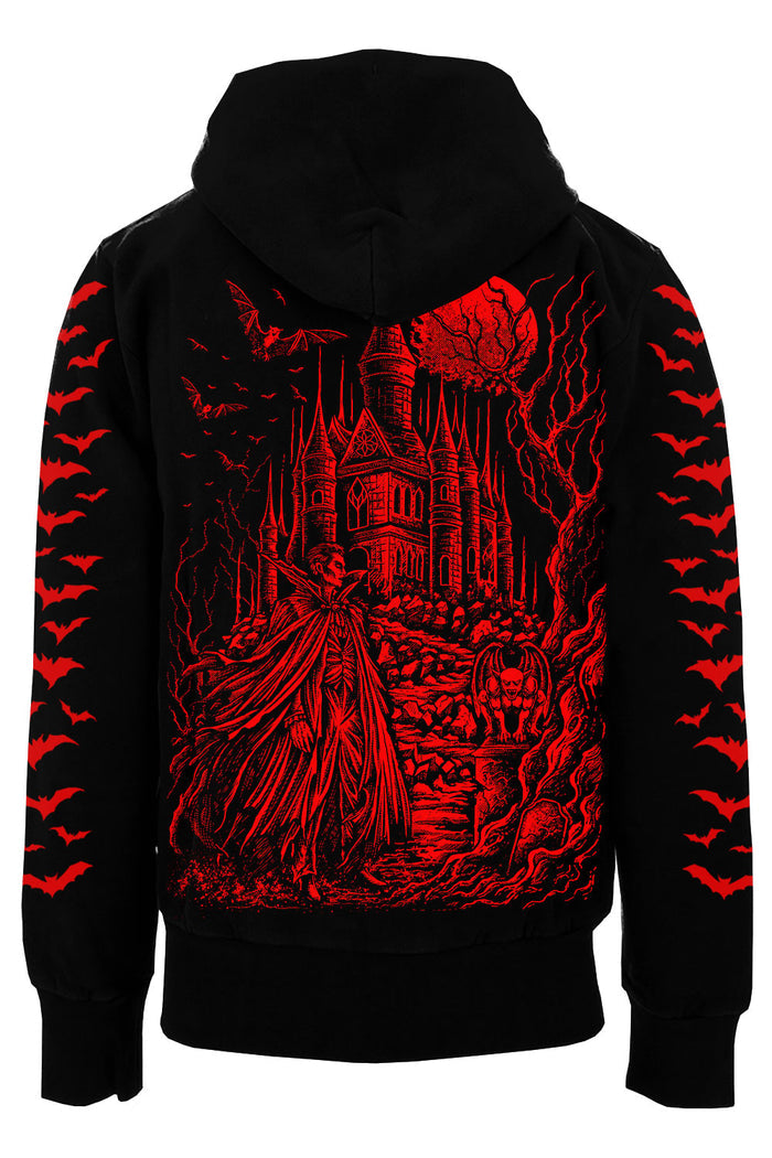 Black hoodie shown from the back, featuring a large red gothic illustration of a castle, a cloaked figure, bats, and a full moon on the back, with red bat motifs down both sleeves.