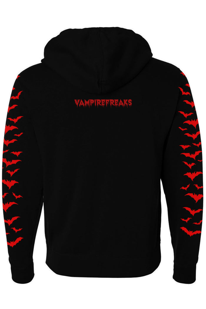 dark spooky gothic vampire hoodie with red bats on sleeves and VF branding on the back