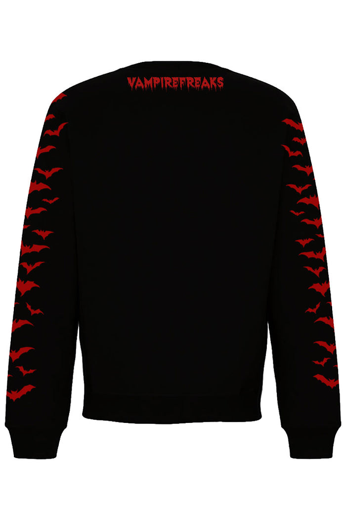 Black sweatshirt with red 'VAMPIREFREAKS' text on the back and red bats on sleeves against a white background