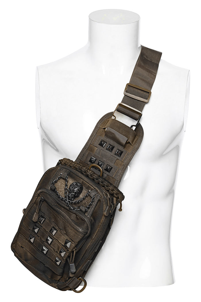 post apocalyptic distressed brown rugged crossbody bag with skull motif