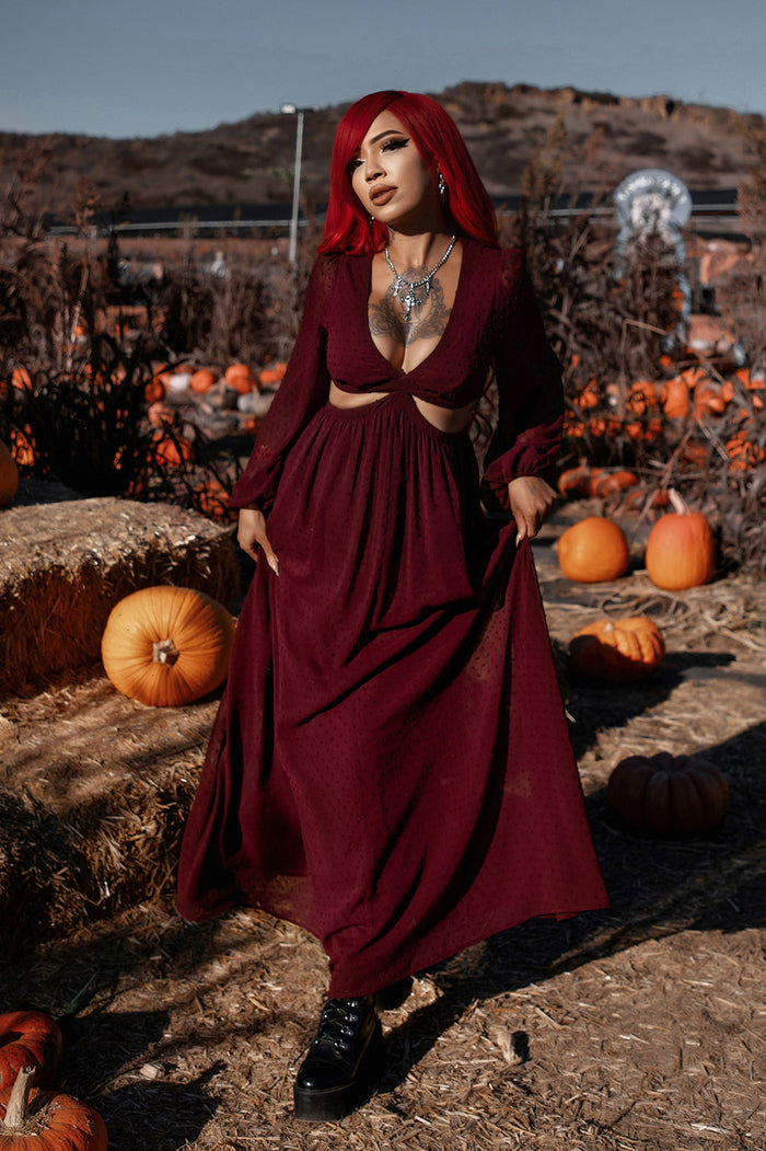 dark cottagecore dark red burgundy dress