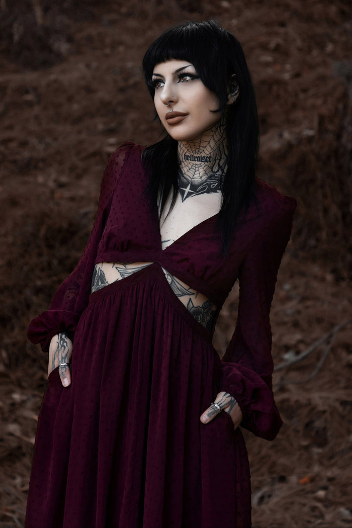 cottagecore v-neck dark red burgundy dress