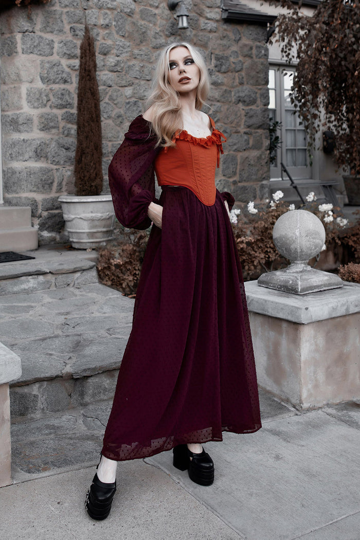 balloon sleeve dark red burgundy dress with pockets
