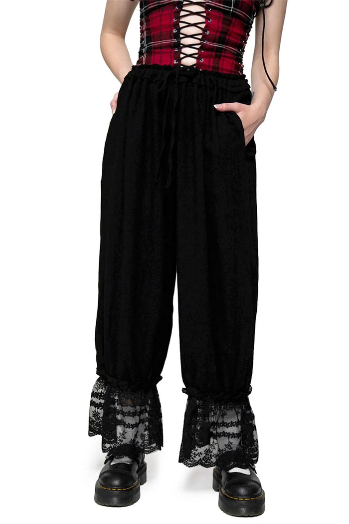 punk emo womens baggy black pants with pockets and lace trim ankles
