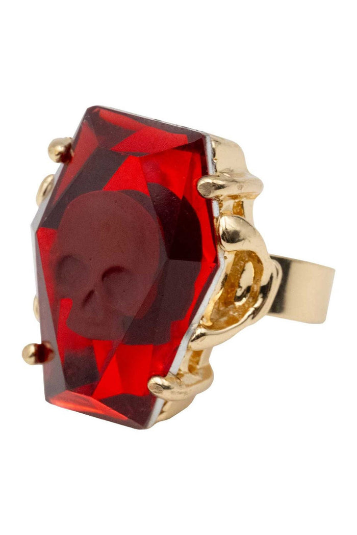 red skull coffin-shaped ring