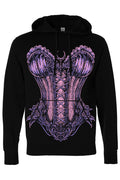 A black pullover hoodie featuring a large, detailed graphic print of a gothic-style corset in shades of purple and pink on the front.