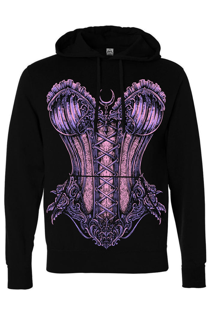 A black pullover hoodie featuring a large, detailed graphic print of a gothic-style corset in shades of purple and pink on the front.