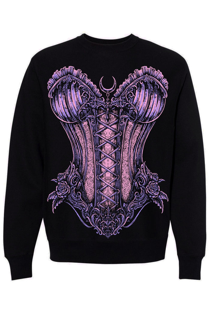 A black crewneck sweatshirt featuring a large, detailed graphic of a gothic-style purple and pink corset with lace-up details and ornate floral elements.