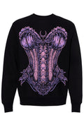 A black crewneck sweatshirt featuring a large, detailed graphic of a gothic-style purple and pink corset with lace-up details and ornate floral elements.