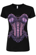 A black short-sleeve crewneck t-shirt featuring a large, detailed graphic of a purple and pink gothic corset with a crescent moon on the chest, set against a plain white background.