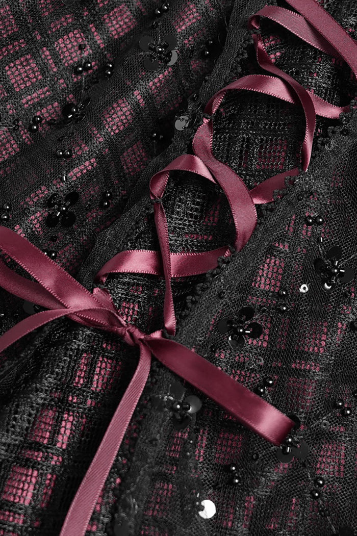 beaded burgundy and black womens plaid mini skirt