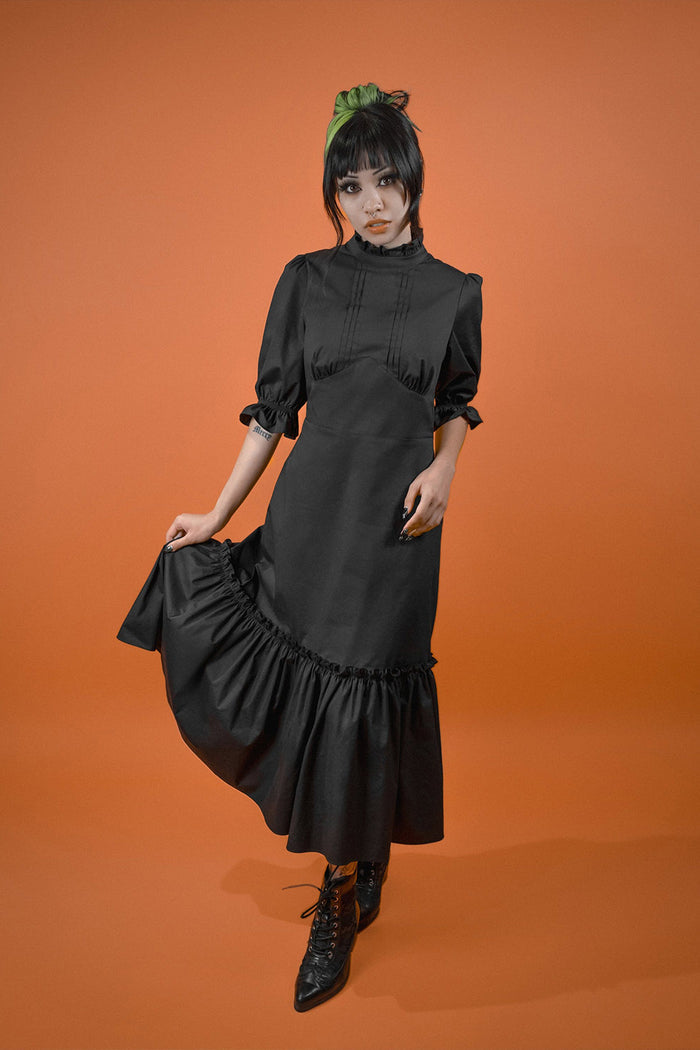 vintage goth high collared ruffle midi dress