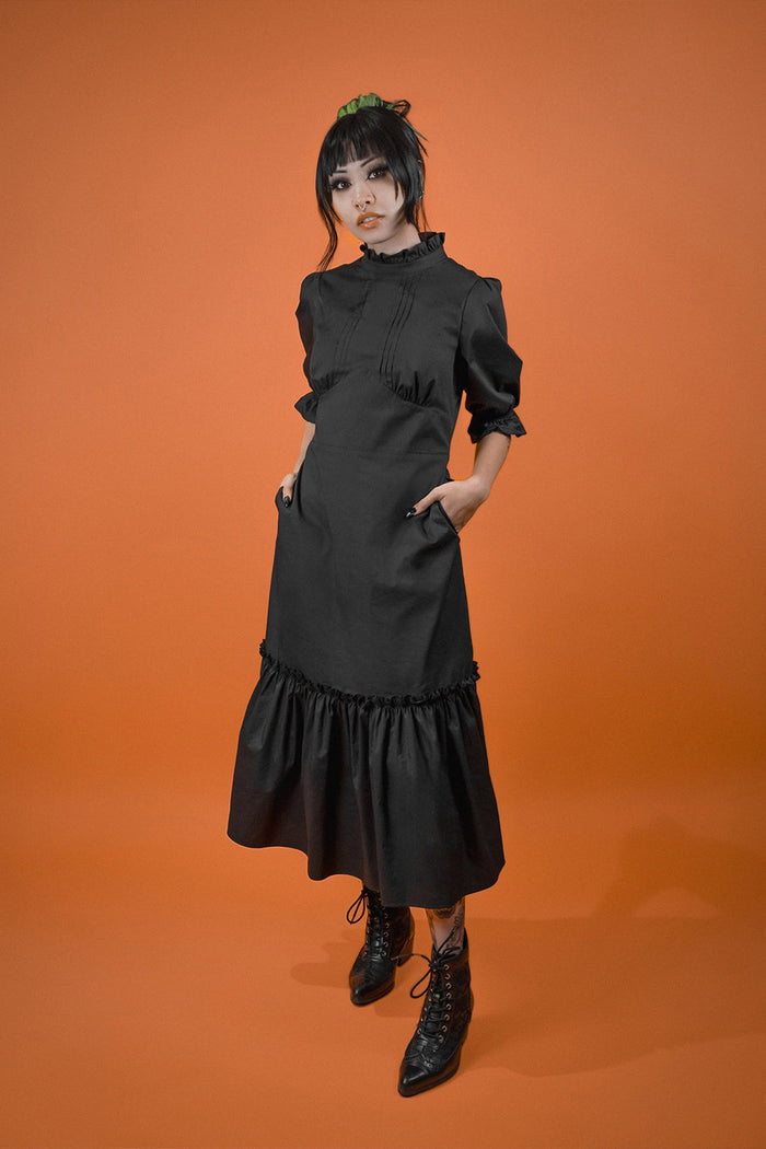 womens western goth vintage goth high collared ruffle midi dress by lively ghosts