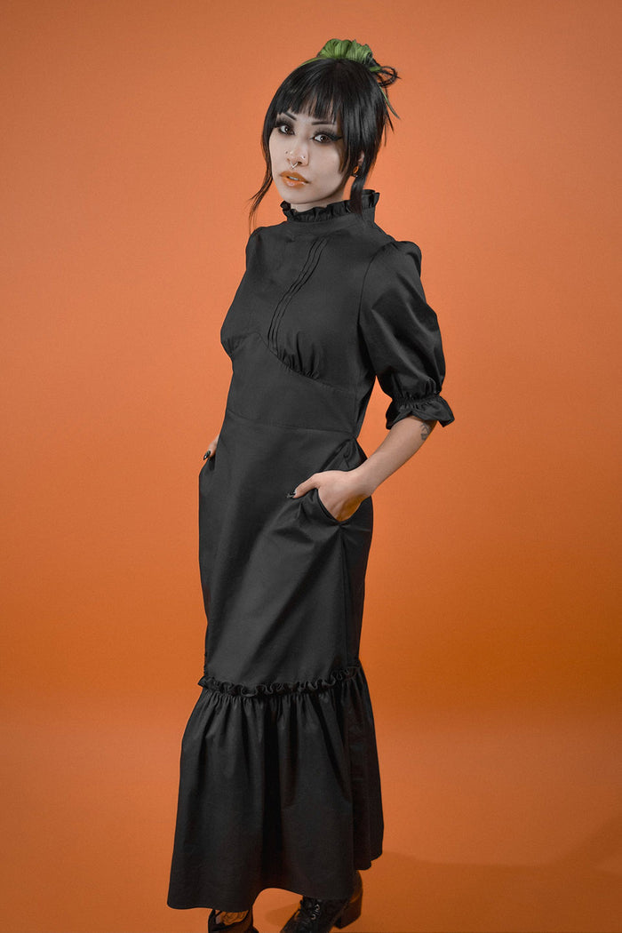 dark cottagecore vintage goth high collared ruffle midi dress by lively ghosts