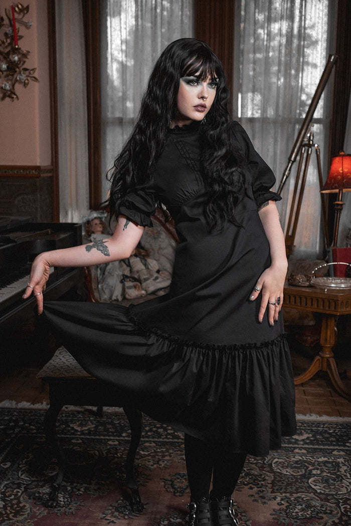 pleated vintage goth high collared ruffle midi dress by lively ghosts  with pockets