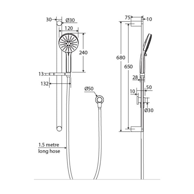 Technical Drawing Fienza Empire Slim Rail Shower Brushed Nickel 444118BN - The Blue Space