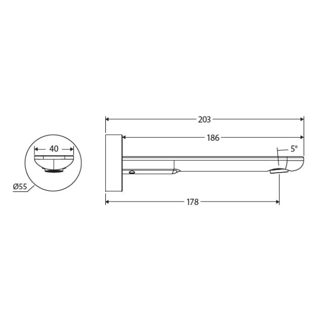 Technical Drawing Fienza Empire Slim Wall Basin/Bath Outlet 180mm Round Plate Brushed Nickel 234115BN-2-LF - The Blue Space