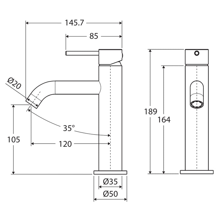 Technical Drawing Fienza Kaya Basin Mixer Brushed Copper 228103CO-LF - The Blue Space