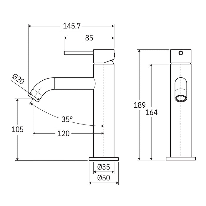 Technical Drawing Fienza Kaya Basin Mixer Matte Black 228103B-LF - The Blue Space