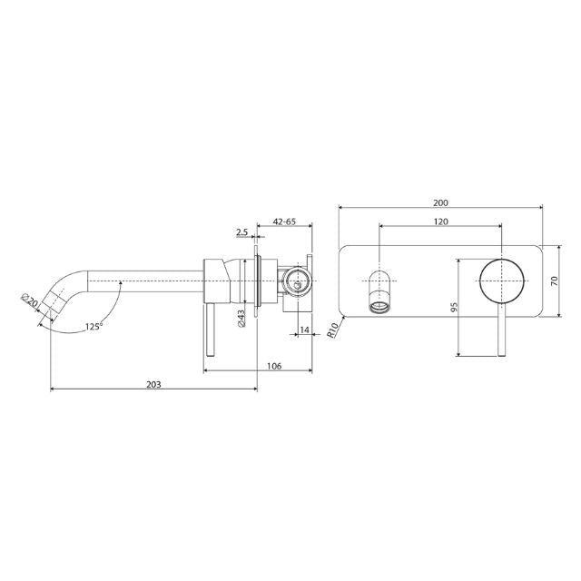 Technical Drawing Fienza Kaya Basin/Bath Wall Mixer Set Soft Square Plate 200mm Outlet Gun Metal - Trim Kit D228106GM-200 - The Blue Space