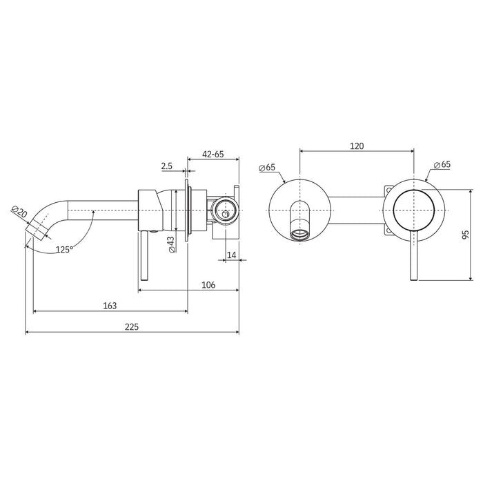 Technical Drawing Fienza Kaya Basin/Bath Wall Mixer Dress Kit Set Round Plates 160mm Outlet Chrome D228104-LF - The Blue Space