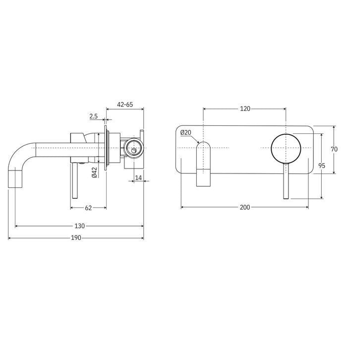 Technical Drawing Fienza Kaya Basin/Bath Wall Mixer Set Rectangular Plate 130mm Outlet Chrome 228106-130-LF - The Blue Space